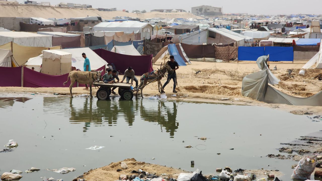 طفح مياه الصرف الصحي وتراكم النفايات في الشوارع وبين خيام النازحين في غزة